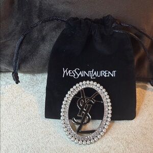 Vintage YSL Silver Tone Brooch with Crystals and Faux Pearls 2”